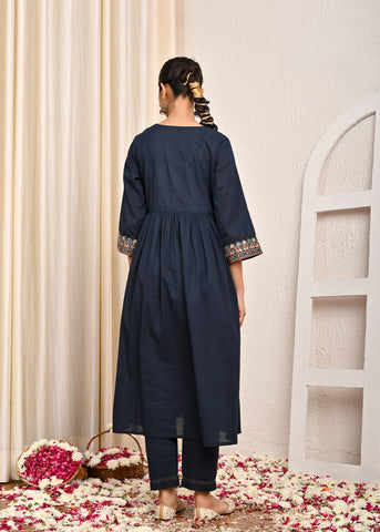 Solid Ethnic Mirror Work Embroidered A-Line Kurta with Pant - Navy Blue