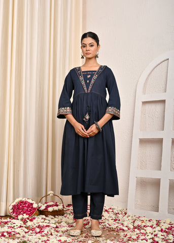 Solid Ethnic Mirror Work Embroidered A-Line Kurta with Pant - Navy Blue