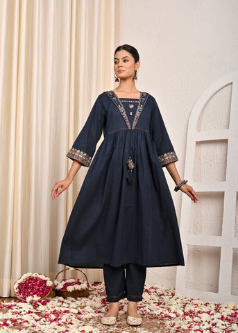 Solid Ethnic Mirror Work Embroidered A-Line Kurta with Pant - Navy Blue