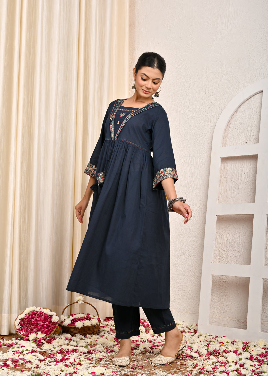 Solid Ethnic Mirror Work Embroidered A-Line Kurta with Pant - Navy Blue