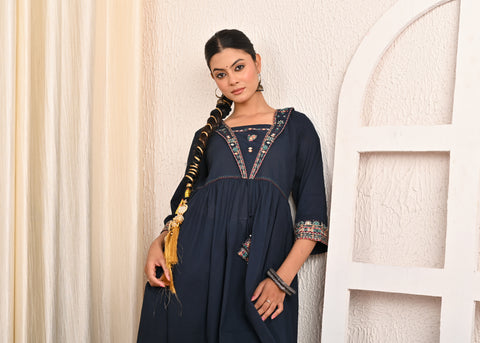 Solid Ethnic Mirror Work Embroidered A-Line Kurta with Pant - Navy Blue