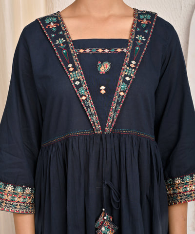 Solid Ethnic Mirror Work Embroidered A-Line Kurta with Pant - Navy Blue