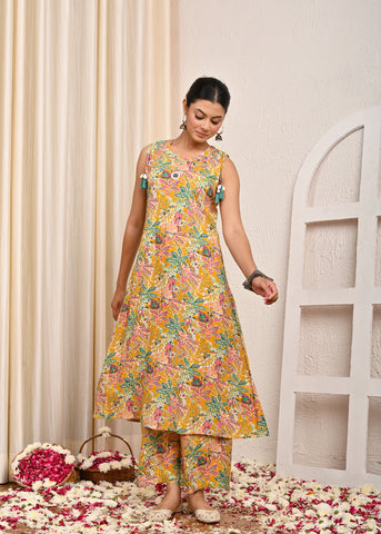 Tropical Printed Mirror Embroidered A-Line Co-ord Set - Multi