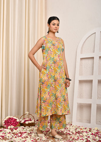 Tropical Printed Mirror Embroidered A-Line Co-ord Set - Multi