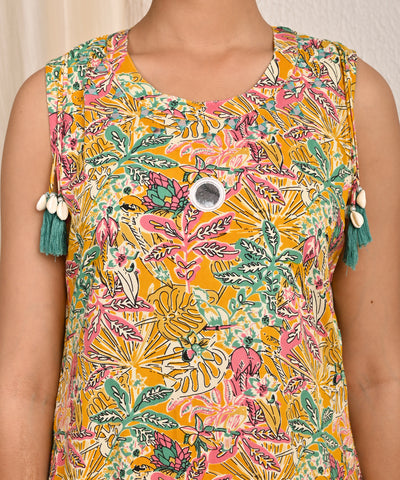 Tropical Printed Mirror Embroidered A-Line Co-ord Set - Multi