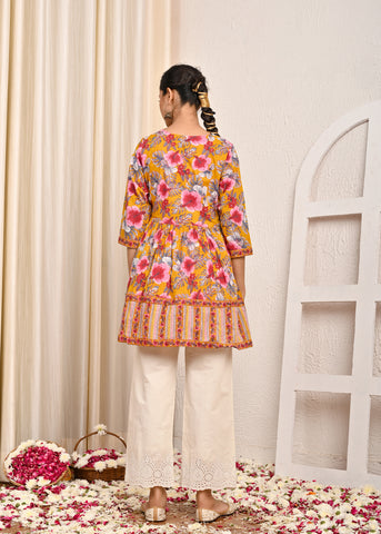Floral Printed A-Line Pleated Short Cotton Kurti - Yellow