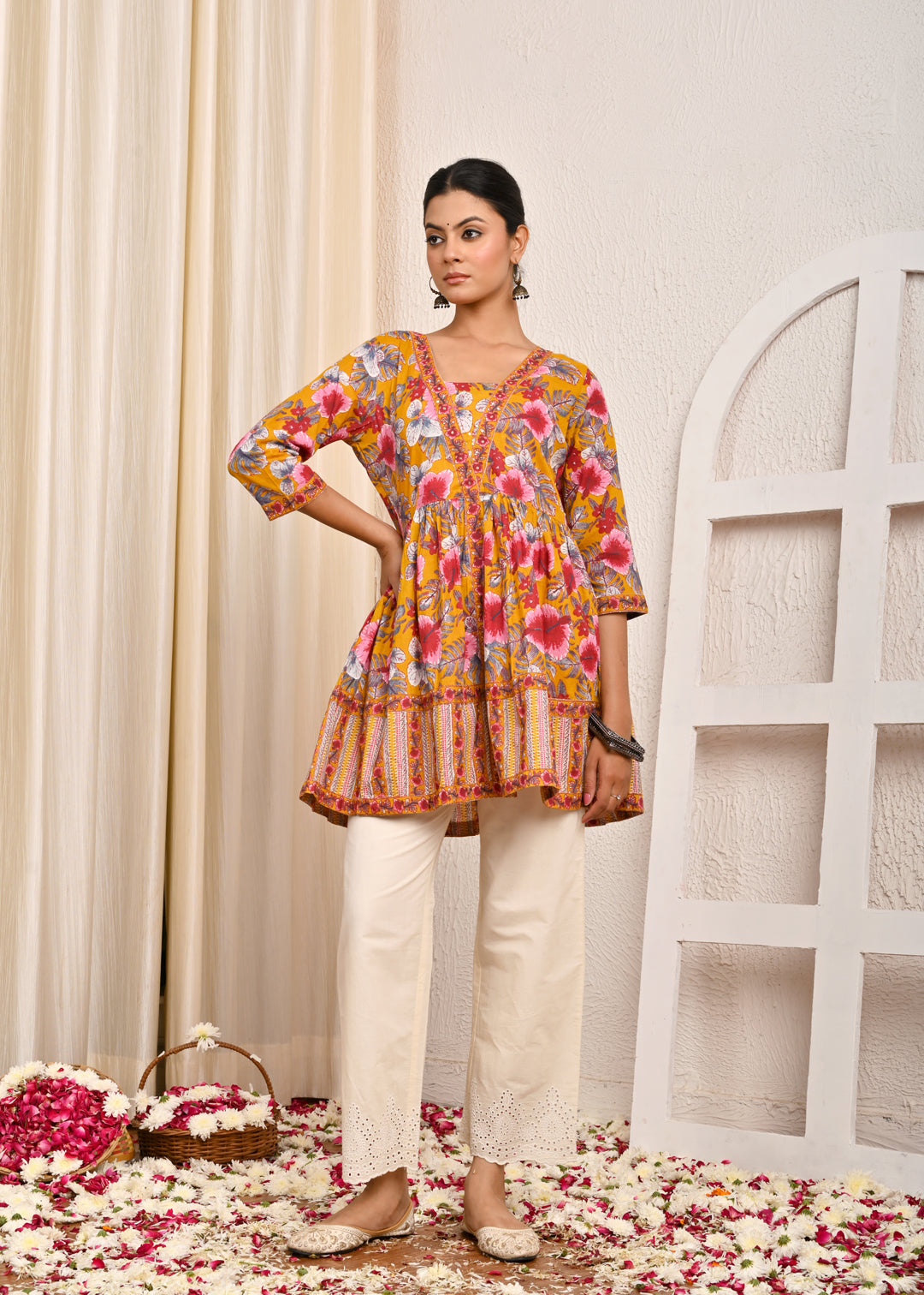 Floral Printed A-Line Pleated Short Cotton Kurti - Yellow