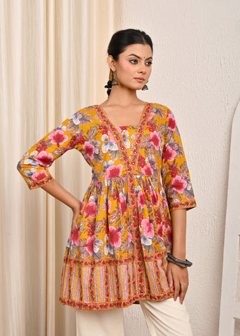 Floral Printed A-Line Pleated Short Cotton Kurti - Yellow