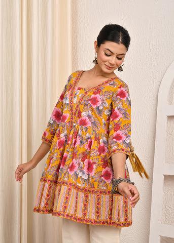 Floral Printed A-Line Pleated Short Cotton Kurti - Yellow