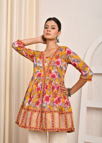 Floral Printed A-Line Pleated Short Cotton Kurti - Yellow