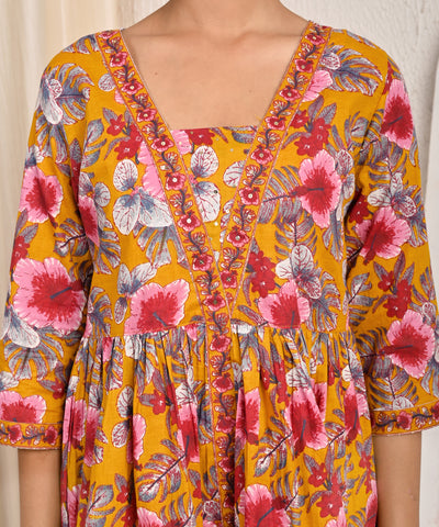 Floral Printed A-Line Pleated Short Cotton Kurti - Yellow
