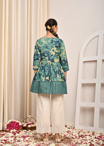 Abstract Floral Printed A-Line Pleated Short Cotton Kurti - Green