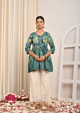 Abstract Floral Printed A-Line Pleated Short Cotton Kurti - Green