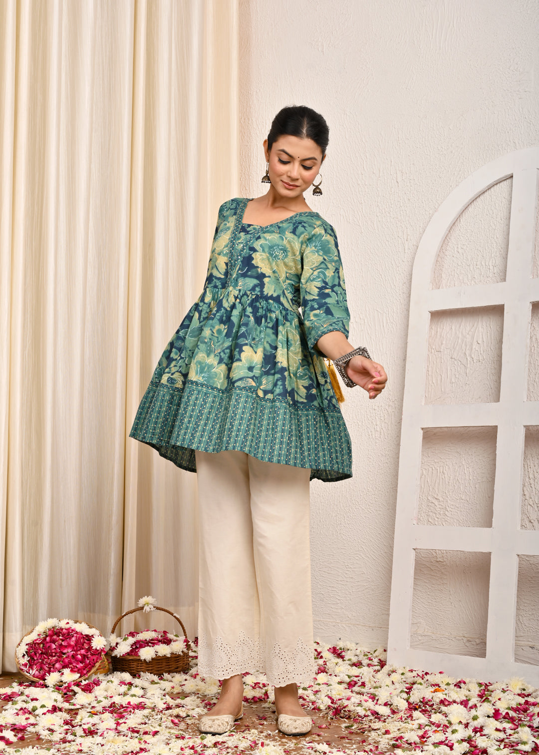 Abstract Floral Printed A-Line Pleated Short Cotton Kurti - Green