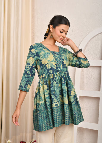 Abstract Floral Printed A-Line Pleated Short Cotton Kurti - Green
