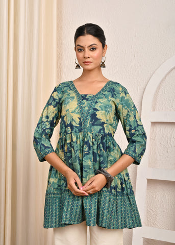 Abstract Floral Printed A-Line Pleated Short Cotton Kurti - Green