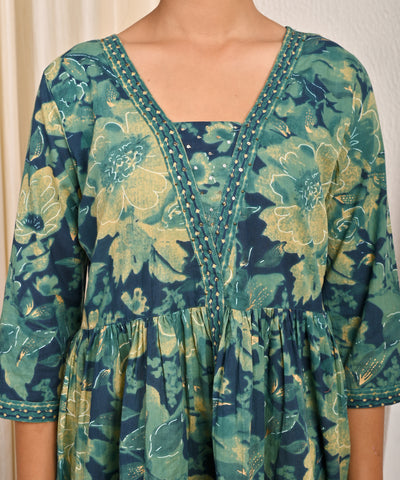 Abstract Floral Printed A-Line Pleated Short Cotton Kurti - Green