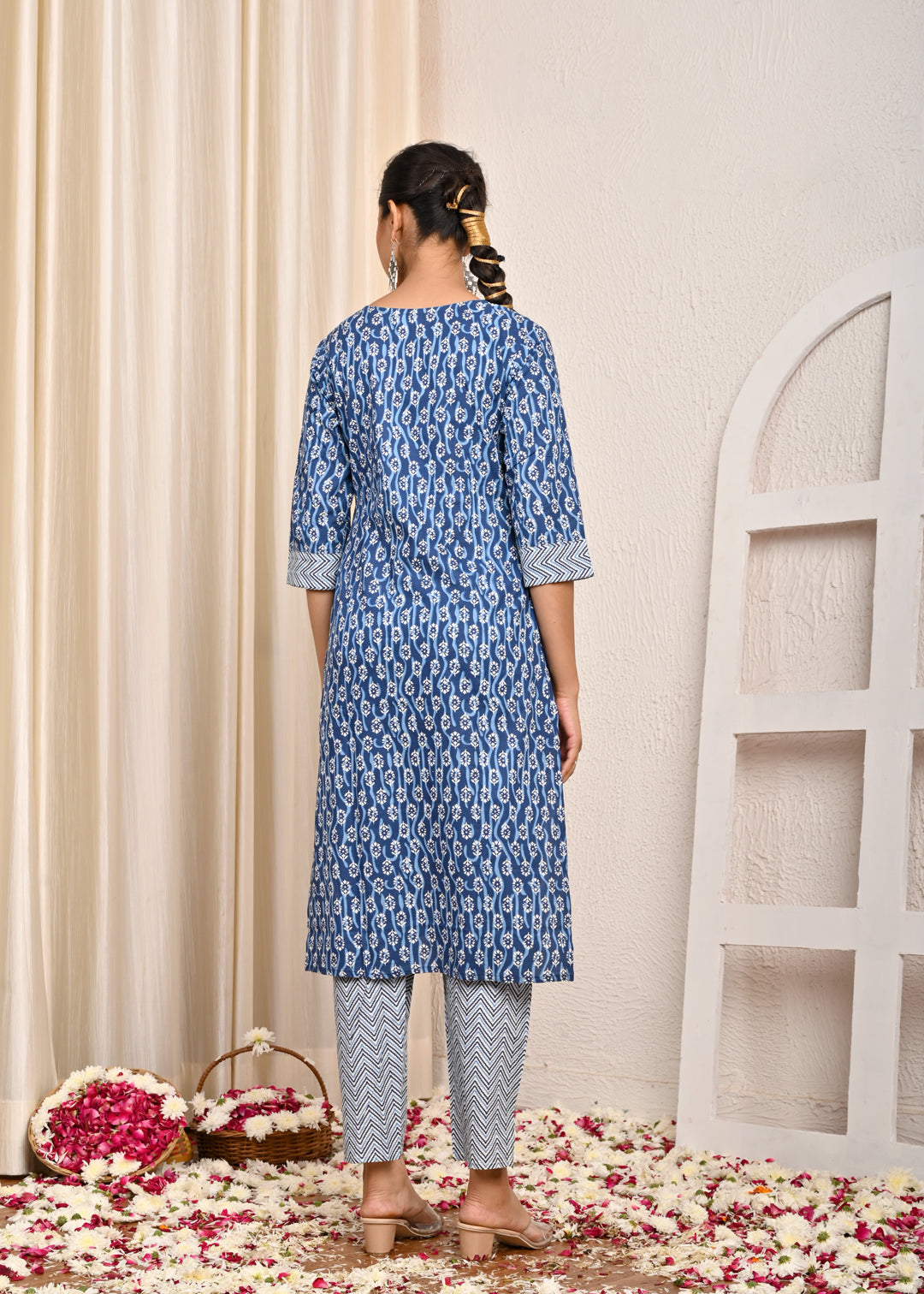 Ethnic Printed & Embroidered Straight Kurta with Pant & Pure Cotton Dupatta - Blue