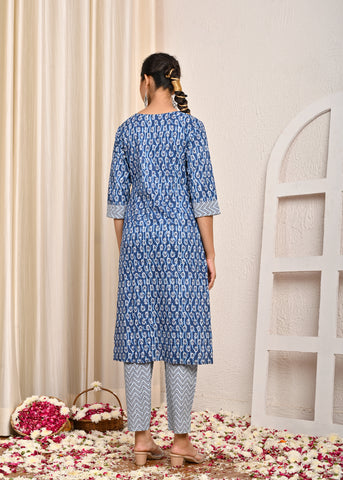 Ethnic Printed & Embroidered Straight Kurta with Pant & Pure Cotton Dupatta - Blue