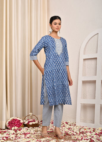 Ethnic Printed & Embroidered Straight Kurta with Pant & Pure Cotton Dupatta - Blue