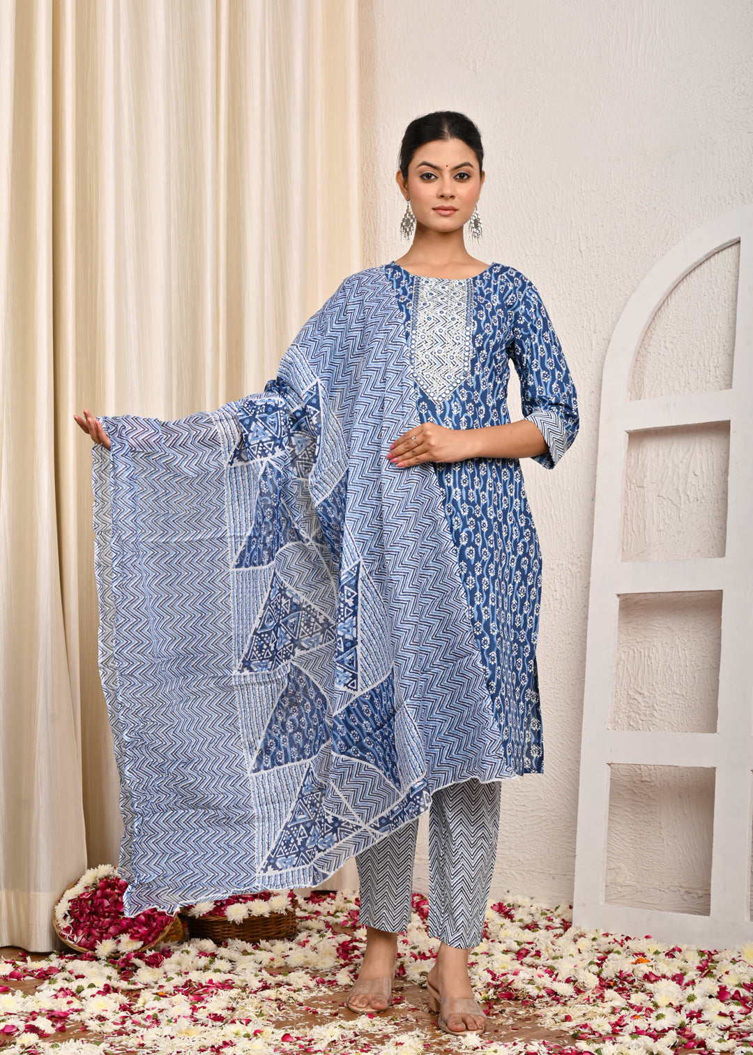 Ethnic Printed & Embroidered Straight Kurta with Pant & Pure Cotton Dupatta - Blue