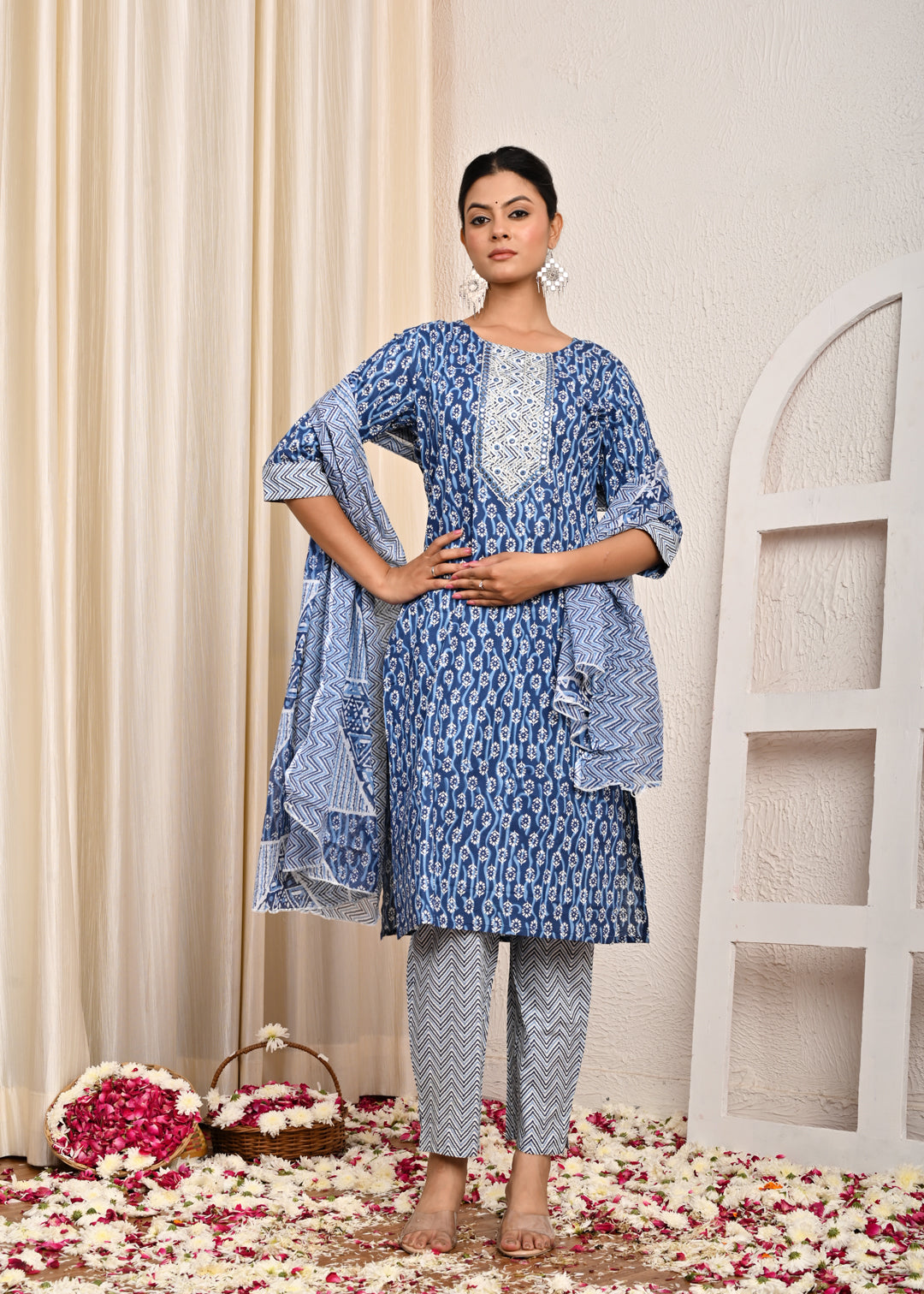 Ethnic Printed & Embroidered Straight Kurta with Pant & Pure Cotton Dupatta - Blue