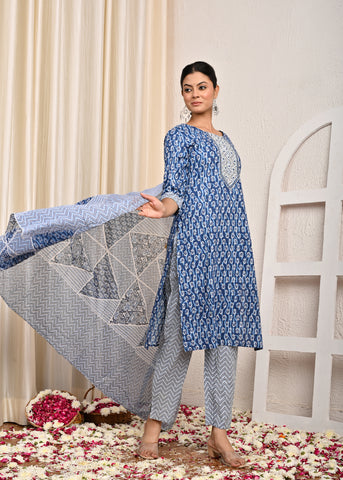 Ethnic Printed & Embroidered Straight Kurta with Pant & Pure Cotton Dupatta - Blue