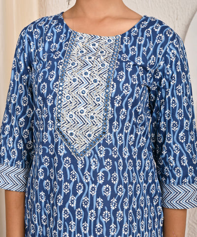 Ethnic Printed & Embroidered Straight Kurta with Pant & Pure Cotton Dupatta - Blue
