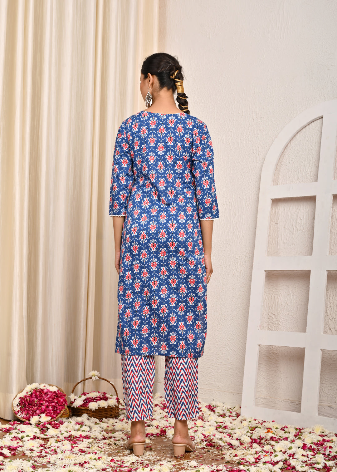 Ethnic & Chevron Printed Straight Kurta with Pant & Pure Cotton Dupatta - Blue