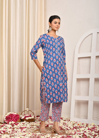 Ethnic & Chevron Printed Straight Kurta with Pant & Pure Cotton Dupatta - Blue