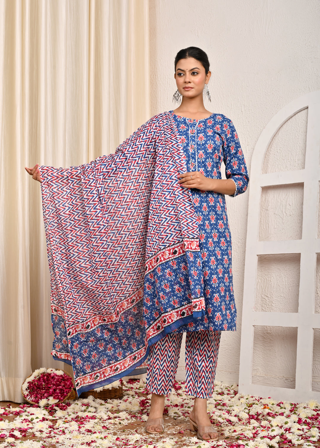 Ethnic & Chevron Printed Straight Kurta with Pant & Pure Cotton Dupatta - Blue