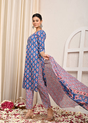 Ethnic & Chevron Printed Straight Kurta with Pant & Pure Cotton Dupatta - Blue
