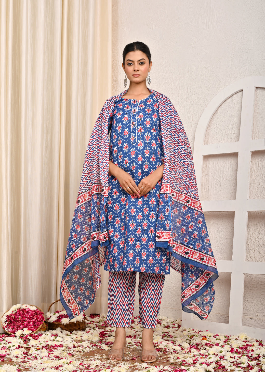 Ethnic & Chevron Printed Straight Kurta with Pant & Pure Cotton Dupatta - Blue