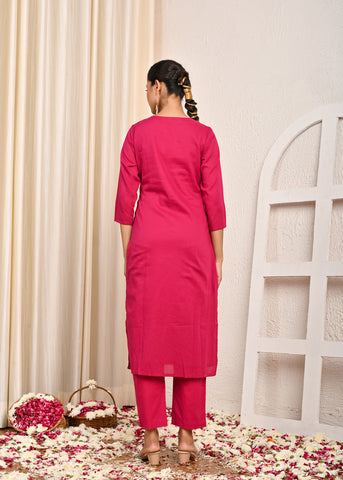 Solid Floral Resham Embroidered Straight Kurta with Pant & Dupatta - Pink