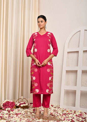 Solid Floral Resham Embroidered Straight Kurta with Pant & Dupatta - Pink
