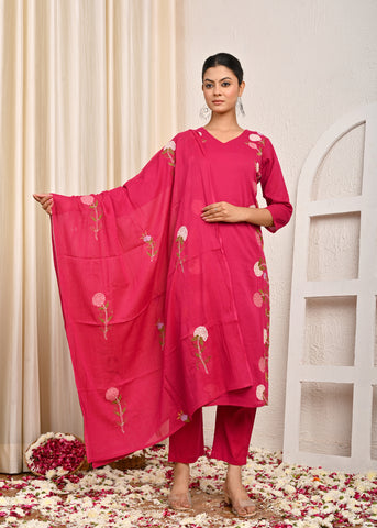 Solid Floral Resham Embroidered Straight Kurta with Pant & Dupatta - Pink
