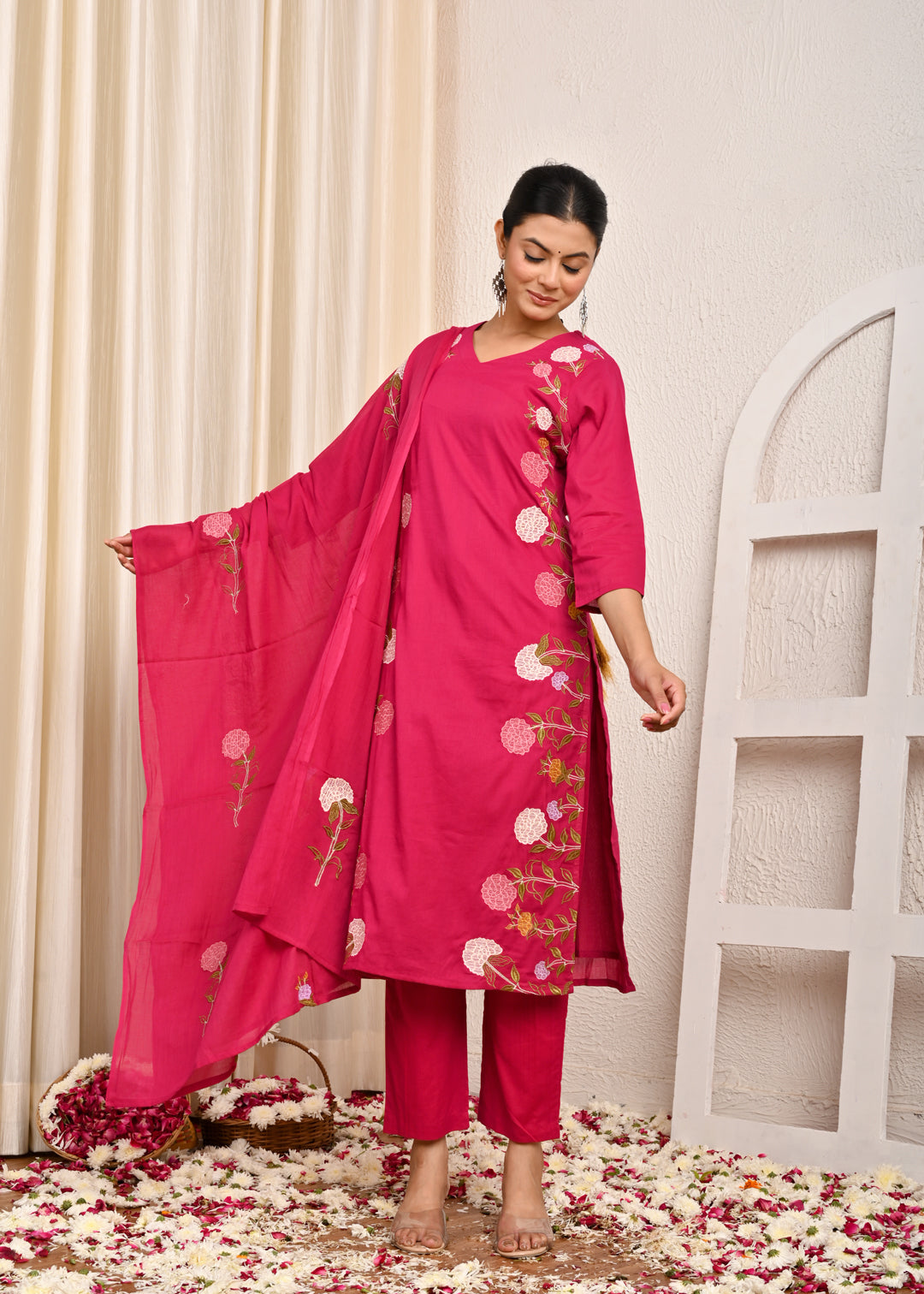 Solid Floral Resham Embroidered Straight Kurta with Pant & Dupatta - Pink