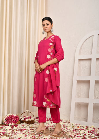 Solid Floral Resham Embroidered Straight Kurta with Pant & Dupatta - Pink