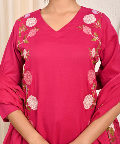 Solid Floral Resham Embroidered Straight Kurta with Pant & Dupatta - Pink