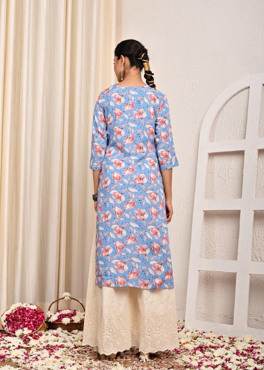 Floral Printed Printed & Sequin Embroidered Straight Fit Kurta - Blue
