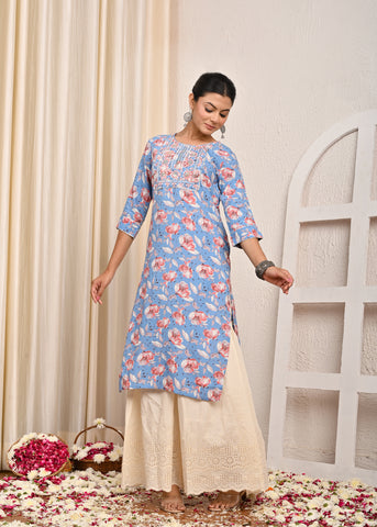Floral Printed Printed & Sequin Embroidered Straight Fit Kurta - Blue