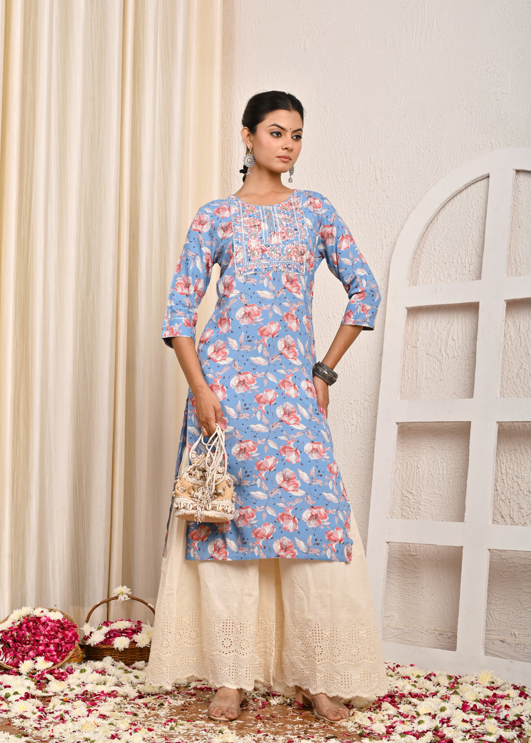 Floral Printed Printed & Sequin Embroidered Straight Fit Kurta - Blue