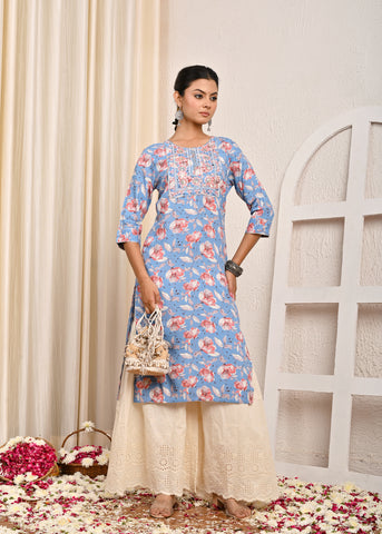 Floral Printed Printed & Sequin Embroidered Straight Fit Kurta - Blue