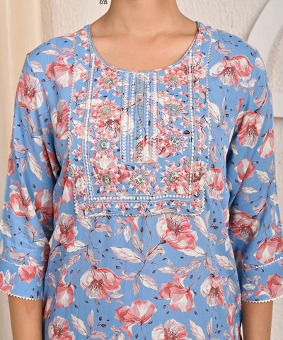 Floral Printed Printed & Sequin Embroidered Straight Fit Kurta - Blue