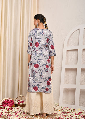 Floral Printed Printed & Sequin Embroidered Straight Fit Kurta - Grey