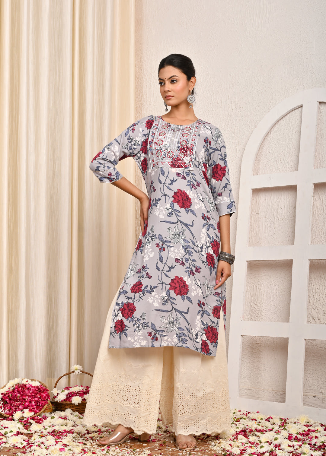 Floral Printed Printed & Sequin Embroidered Straight Fit Kurta - Grey
