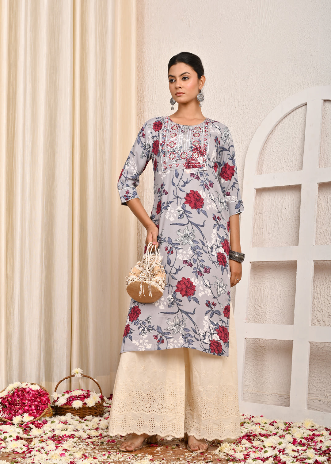 Floral Printed Printed & Sequin Embroidered Straight Fit Kurta - Grey