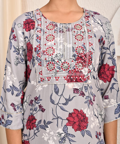 Floral Printed Printed & Sequin Embroidered Straight Fit Kurta - Grey