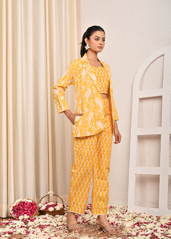 Floral Printed Printed Cotton Jacket Co-ord Set - Yellow