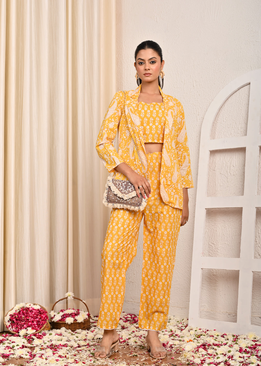Floral Printed Printed Cotton Jacket Co-ord Set - Yellow
